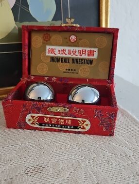 Iron Ball Direction Hand Exercise Balls in Red Brocade Case